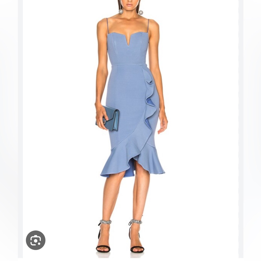 Nicholas Dust blue plunge thin strap ruffle midi dress